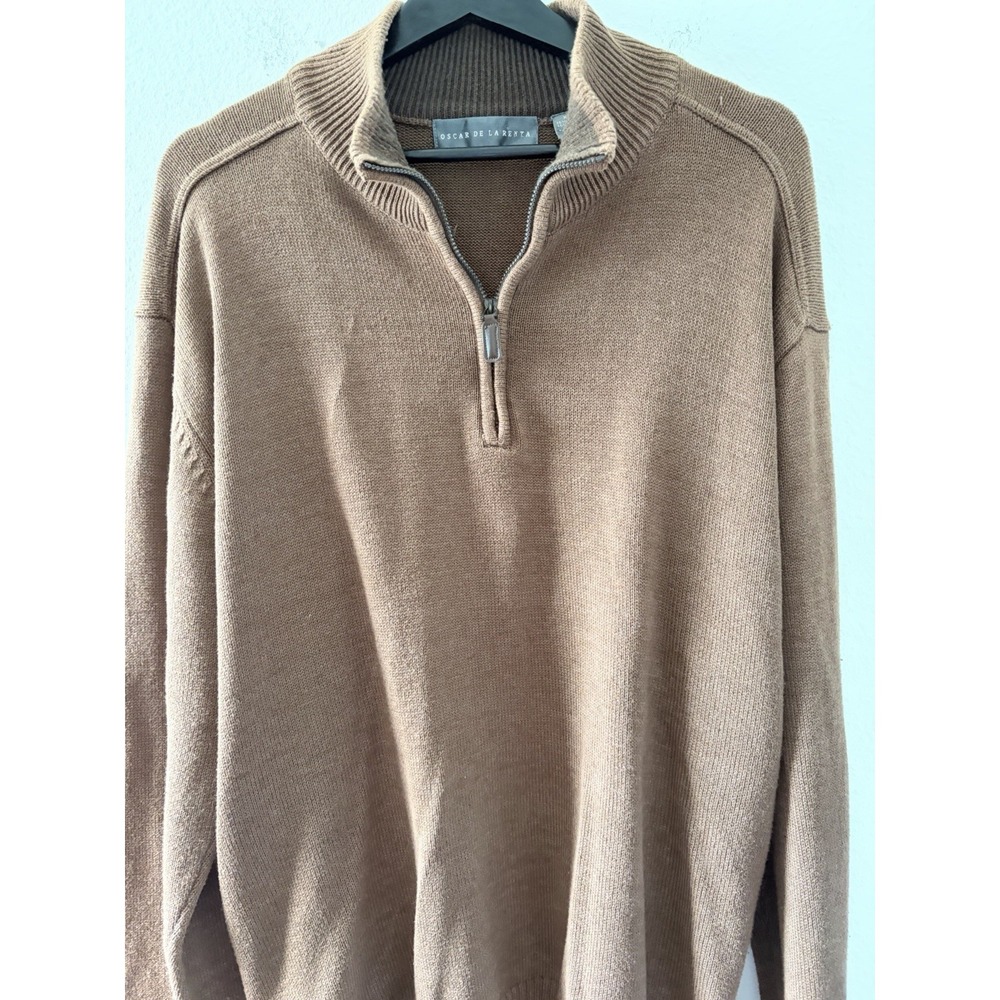 Oscar de la Renta Men Brown Half Zip Knit Sweater XXL Cotton Silk Cashmere Blend - Picture 2 of 7